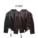 Fongt Homemade New Women's Fashionable Classic Neck With Belt Leather Coat