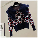 Fashion Sweet Cardigan Women Chic Peter Pan Collar Heart Button Hit Color Long Sleeve Knitted Sweater Coat Cute Loose Top-Outfit