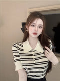 Silk Striped Knitted Shirt Girl Summer Chic Short-Sleeved T-Shirt Temperament Chic Thin Short