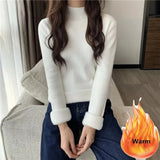 Women's Fall Winter Thicken Slim Sweater Casual Mock Neck Plus Velvet Knitted Tops Warm Soft Jumper Basic Knitwear Jumper