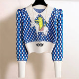 Puff Sleeve Retro Acrylic Cat Horse Embroidery Sweaters Slim Crop Top Elegant Women Streetwear Kawaii Clothes Winter