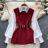 Light Luxury Ladies Dress Set Women's Loose Long-sleeved White Shirt Top + Slit Knitted Vest Vest Two-piece Set-Outfit