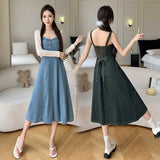 Fongt And Summer 2025 New Small French Long-Term Collection Waist Thin Design Retro Cowboy Strap Dress