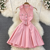 Fongt Denim Dress Design Feeling Hanging Neck Short Small A Word Ponpony Dress 0329