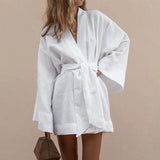Lace Up Women V-Neck Kimono Cardigan Mini Dress Cotton Linen Long Sleeve Sashes Dresse Robe Style Summer Loose