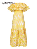TWOTWINSTYLE Embroidery Elegant Dress For Women Slash Neck Short Sleeve High Waist Cut Out Midi Dresses Female Summer