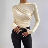 Fongt Solid Color Trim Bottom Shirt Folding Design Long-Sleeved T-Shirt Lady