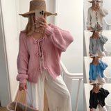 Fongt Autumn Winter New Round Collar Long Sleeve Top Pink Lace Sweater Lazy Wind Women's Cardigan