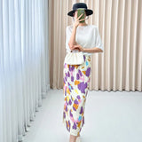 Fongt Folded Purple Snowflake Print Skirt Gentle Cream Purple Bump Color Daily Slim High Waist Open Straight Skirt