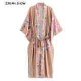 Bohemian V neck Peacock Flower Print Long Kimono Shirt Khaki Holiday New Lacing up Sashes Long Cardigan Loose Blouse