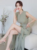 Fongt Sister Fan OL Temperament Conjoined Broad Leg Pants Summer Style Korean Temperament Show Thin Open Fork Fashion Professional Jumpsuit