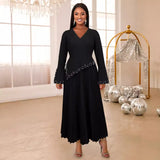 Fongt New V-Necked Horn Sleeve Simple A-Character Dress Party Banquet Nail Dress Dress