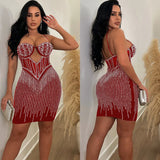Fashion Women's Solid Color Mesh Diamond Halter Short Dress-Outfit