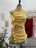 Fongt Design Sleeveless Leaves Three-Dimensional Flower Blouse Atmosphere Slimming Waist 1166