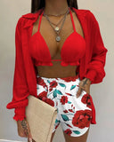 Independent Station New Popular Style Sexy Summer Solid Color Printing 3-Piece Suit Girl-Outfit