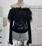 Fongt Shot Hair Collar Print Shoulder Horn Long-Sleeved T-Shirt Repair Short Picties Shoulder Grinding Top 1368
