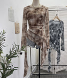 Fongt Print Double-Layer Mesh Long-Sleeved Top Design Feel Irregular Ribbon-Up T-Shirt 99981