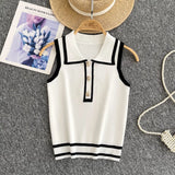 Fongt Style Striped Knitted Sleeveless Vest Women's Summer Collar Slimming Design Chic Beautiful Little Man Top