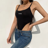 Women High Split Waist Print Bodysuits Summer Letter Sexy Strap Backless Rompers Women Bodycon Sleeveless Black