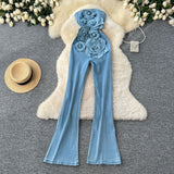 Fongt And Summer Ins Heavy Industry Three-Dimensional Flowers Sleeveless Breasts To Close The Waist Of The Denim Jump Trousers Trousers Trousers Woman