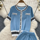 Fongt Fragrant Breeze Sleeze Sleeze Round-Neck Collar Knitted Top Women High-Waisted Leisure Broad-Legged Pants Summer Suit