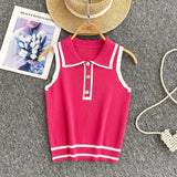Fongt Style Striped Knitted Sleeveless Vest Women's Summer Collar Slimming Design Chic Beautiful Little Man Top