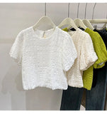 Women Sweet Round Neck Puff Sleeves Blouses Korean Chic Loose Lantern Sleeve