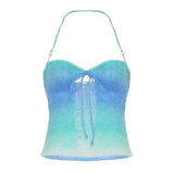 Fongt Summer Dopamine Girl Holiday Wind Gradient Stripes Hit The Rotten Wind Tied Wool Weaving Neck Small Vest