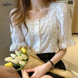 2021 Shirt Korean Style Wild Lace Shirt Women Square Collar Short Sleeve Hollow Out Vintage Elegant Blouse Blusas