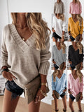Fongt New Sweater Women's Autumn And Winter Solid Color V-Neck Long-Sleeved Knitted Shirt