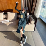 Fongt Denim Strap Skirt Female Summer 2024 New Retro High Waist Loose Thin And Long Age Reduction Dress-Outfit