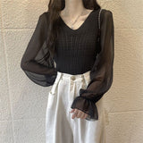 Fongt Temperament Spliced Chiffon Sleeve Long-Sleeved Top Women's Spring And Autumn New Design Sense Slimming