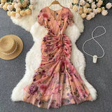Fongt Retro Niche Design Drawstring Print V-Neck Dress Summer Women's Pocketed Fishtail Skirt Tide