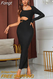 2023 Women's Elegant Solid Sexy One Shoulder Long Sleeve Hollow out Metal Ring Decoration Bodycon Sexy Maxi Party