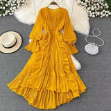 Fongt Fairy Seaside Holiday Chiffon Dress Female Lotus Lace V Collar Temperament Folded Waist Thin Swing Dress
