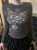 Fongt Retro Personality Hole-Breaking T-Shirt Girl 2025 Autumn Ins Print Collar Long-Sleeved Top