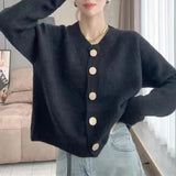 New Spring And Autumn Style Pure Color Sweet Wind Knitted Cardigan Women's Coat Round Collar With Large Buttons And High-Grade Sensitive Woolen Clothes-Outfit