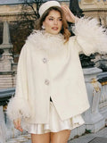 Feather Collar Cape Rhinestone Buttoned Coat-Outfit
