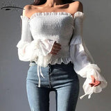 Spring Fashion Women Long Sleeve Off Shoulder Cropped Tops Solid Color Pleated Bow Blouse Ladies Shirt Lace Up Corset