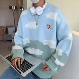 Sky Blue Cute Cow Print Clouds Fashion Sweater Women Winter Clothes Oversized Couples Fashion Knitted Tops Harajuku