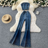 Fongt Hot Diamond Cowboy Suit Women's Summer Sleeveless Chest Vest + High-Waisted Denim Horn Trousers