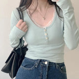 New Spice Girl Style Round Collar Single-Breasted Lace Stitched Pure Long-Sleeved Knitted Blouse-Outfit