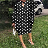 Sundress Women Vintage Hollow Polka Dot Printed Long Sleeve Dress VONDA 2022 Elegant Midi Vestido Elegant Robe