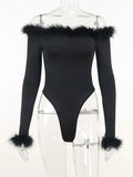 Feather Top Long Sleeve T Shirt Women Off Shoulder Body Spring Fall Outfits Bodycon Solid Streetwear Black