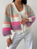 Fongt R-Shirt 2025 Autumn And Winter Sweater Coat Women's Rainbow Striped Lantern Sleeve