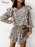Leopard Print Chiffon Party Dress Women Elegant Long Sleeve Ruffle Details Mini A-Line Day Dress Spring Summer