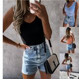 Wsih Hot Style Summer Simple Pure Color Sleeveless V Collar Pit Strip Lady Vest Female-Outfit