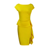 Fongt Summer New Solid Color Folding Lotus Leaves Side Open Forked Bag Hips Professional Dress