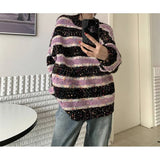 Fongt Gauze Color Stripe Sweater Unlined Upper Garment Female Design Feeling Small Minority Autumn Winter New Style Languid Lazy Wind Loose Color Sweater-Outfit