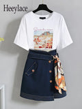 Women Summer Skirts Sets Korean Casual Short Sleeve Print T-shirt And Bandage Skirts 2 Pieces Set Women